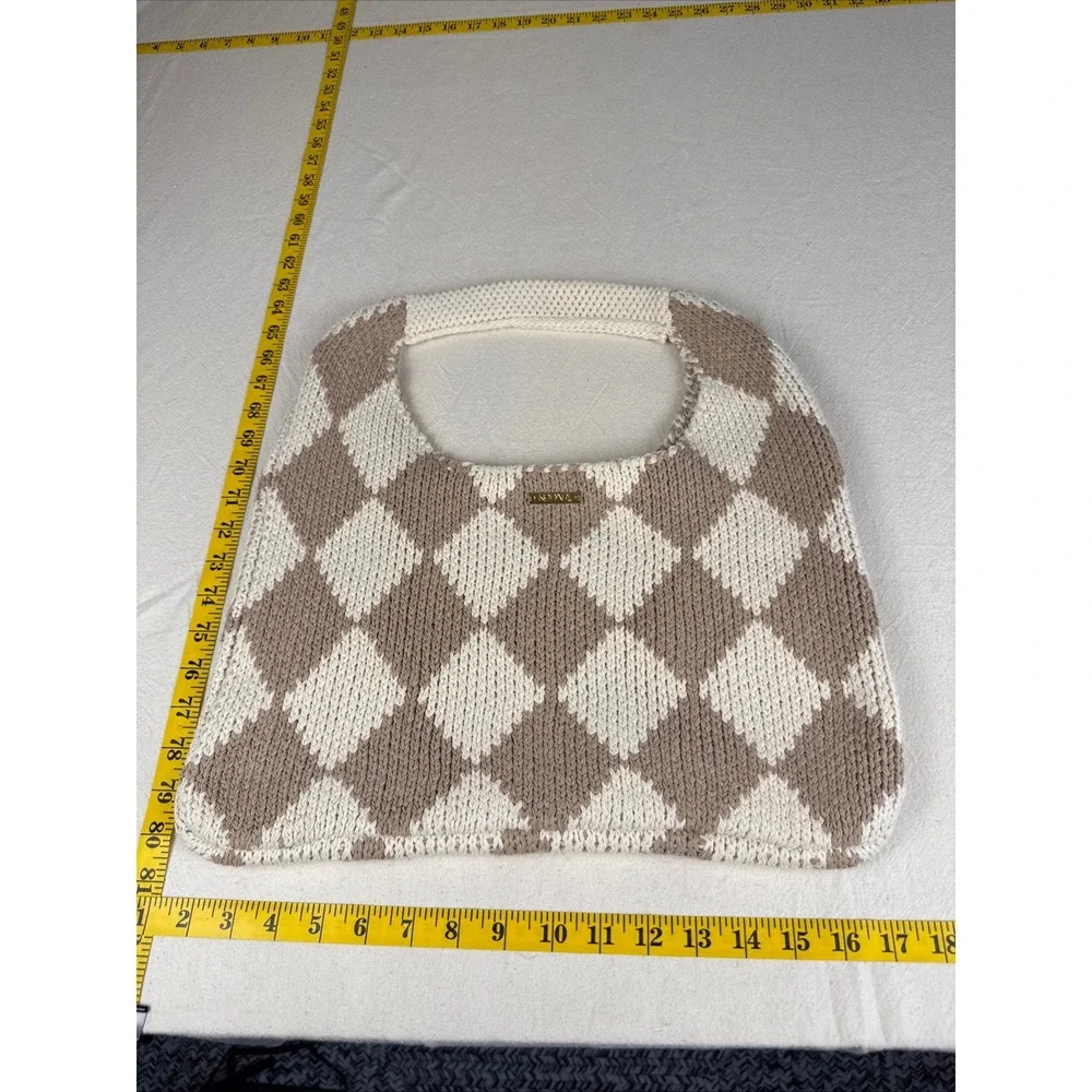 Kopari Tote Bag Women OS Tan Cream Boho Limited Edition Checkered Knit Diamond